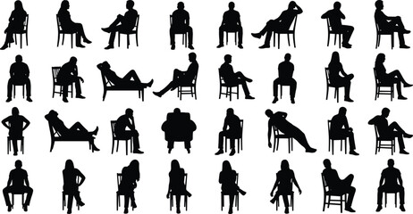 Silhouettes of people sitting on chairs, diverse poses illustration, posture variations graphic set, chair seating template vector, minimal style art for creative use