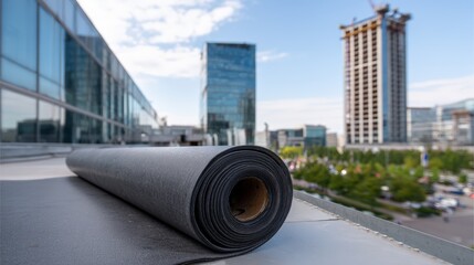 Epdm membrane roll on rooftop overlooking cityscape for construction and waterproofing.