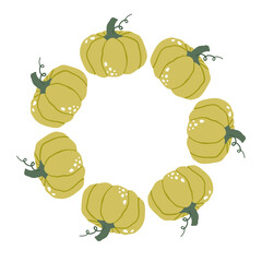 Pumpkin circle frame, green gourds. Seasonal vegetables, autumn harvest. For autumn decorations, harvest themes, kitchen textiles, greeting cards, crafts, and seasonal print.
