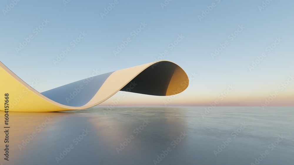 Poster abstract white curved architecture background, empty wavy space with reflected concrete floor, futur