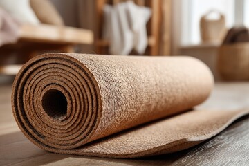 Rolled cork yoga mat on a wooden floor