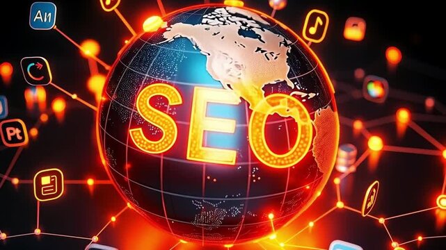 Discover the global impact of SEO with a vibrant digital world where connected icons represent various aspects of SEO strategies