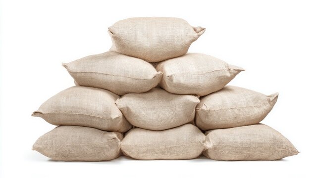 Burlap sacks piled on white background. Neural network AI generated
