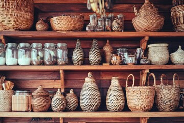 Wooden shelves filled with woven baskets, jars, and decorative items