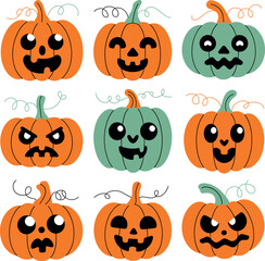 Fototapeta premium Nine cartoon pumpkins with different faces and curly stems halloween jack o lantern