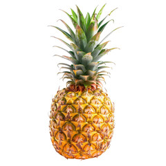 Fototapeta premium Ripe pineapple, vibrant yellow-gold skin, with a crown of bright green leaves, centered against a black background