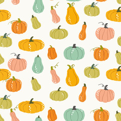 Pumpkins and gourds seamless pattern. Seasonal vegetables, autumn harvest. For autumn decorations, harvest themes, kitchen textiles, wrapping paper.