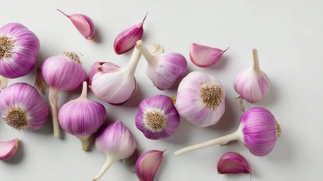 A bunch of purple garlic bulbs are scattered on a white background