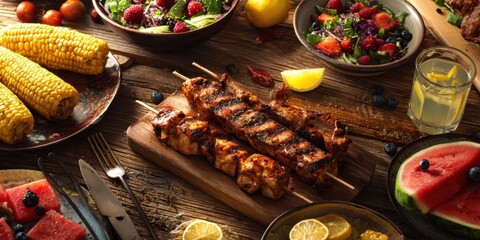 The delicious barbecue skewers served with fresh salad and seasonal fruits.