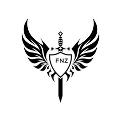 FNZ Winged Sword and Shield Logo with FNZ Letters, FNZ Later Logo, Heraldic Emblem, Black and White Vector Design
