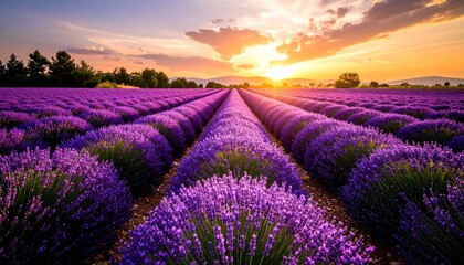Obraz premium Lavender fields stretching to the horizon, purple tones glowing under a soft sunset, peaceful countryside vibe