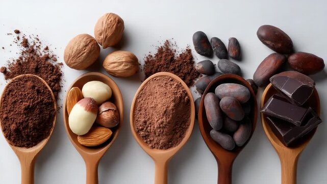 A collection of spoons filled with various types of nuts and chocolate