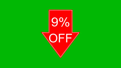 9 percent off discount offer icon illustration. illustration arrow pointing 9 percent off text illustration. green background 4k illustration.