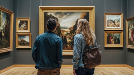 Artistic appreciation: Couple enjoying classical paintings in a gallery space