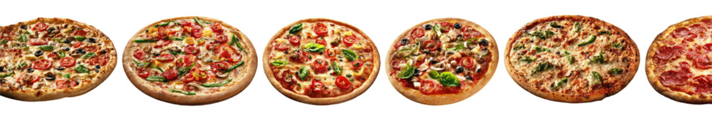 Assorted pizzas, various toppings