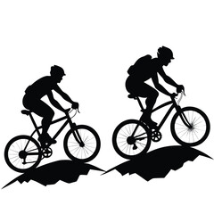Fototapeta premium Two mountain bikers ascend a challenging trail.