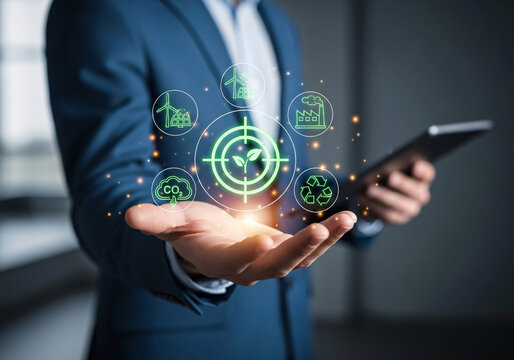 Businessman strategically targets sustainable future with eco-friendly icons in modern business presentation, showcasing green technology and environmental responsibility