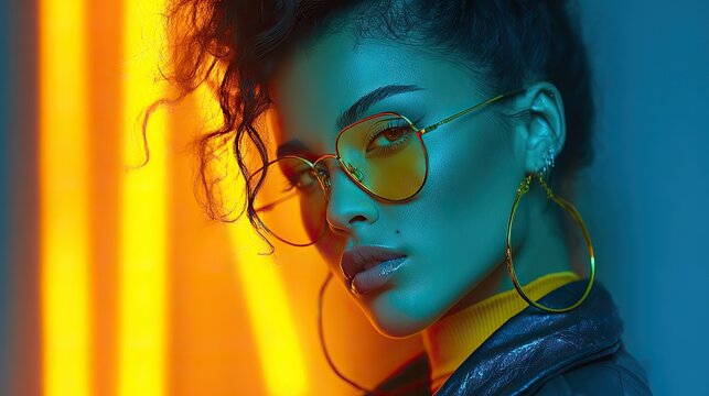Retro futuristic high fashion portrait with vibrant neon lighting, cyberpunk-inspired style concept for design, art, and fashion ads