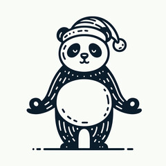 Panda with santa hat standing yoga poses. Retro Cartoon Clipart Line Art Stock Vector Illustration. Bear xmas cap upright stretch position.