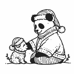 Panda with santa hat Taking care of a pet. Retro Cartoon Clipart Line Art Stock Vector Illustration. Bear in winter headwear giving love to domestic animal holiday theme.