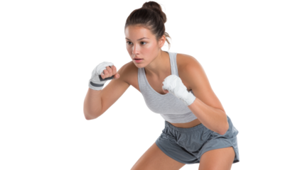 Woman wears boxing wraps in athletic pose on transparent background.