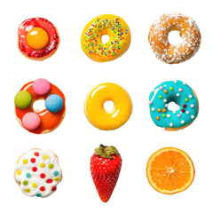 Colorful glazed donuts and fruit.  A grid of nine donuts with various icing and sprinkles in vibrant colors.  A strawberry and orange slice complete the composition