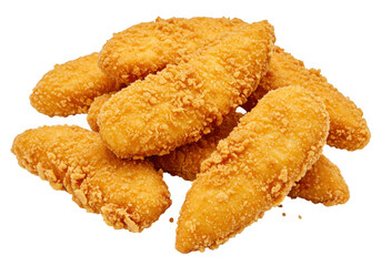 Crispy golden brown breaded chicken tenders piled together isolated on transparent background