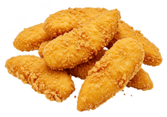 Crispy golden brown breaded chicken tenders piled together isolated on transparent background