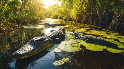 American Alligators basking among lily pads in a serene swamp landscape