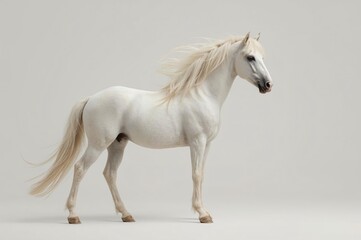 White horse, studio portrait, flowing mane, grey background, equine art