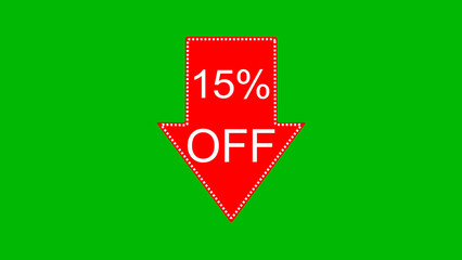 15 percent off discount offer icon illustration. illustration arrow pointing 15 percent off text illustration. green background 4k illustration.