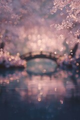 Fototapeta premium Falling Cherry Blossoms with Traditional Bridge over Calm Pond