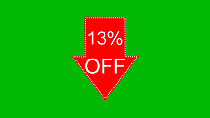 13 percent off discount offer icon illustration. illustration arrow pointing 13 percent off text illustration. green background 4k illustration.