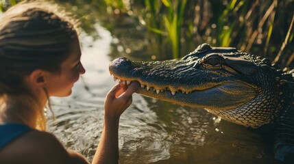 Brave interaction: a woman's tranquil moment with an alligator in marshland