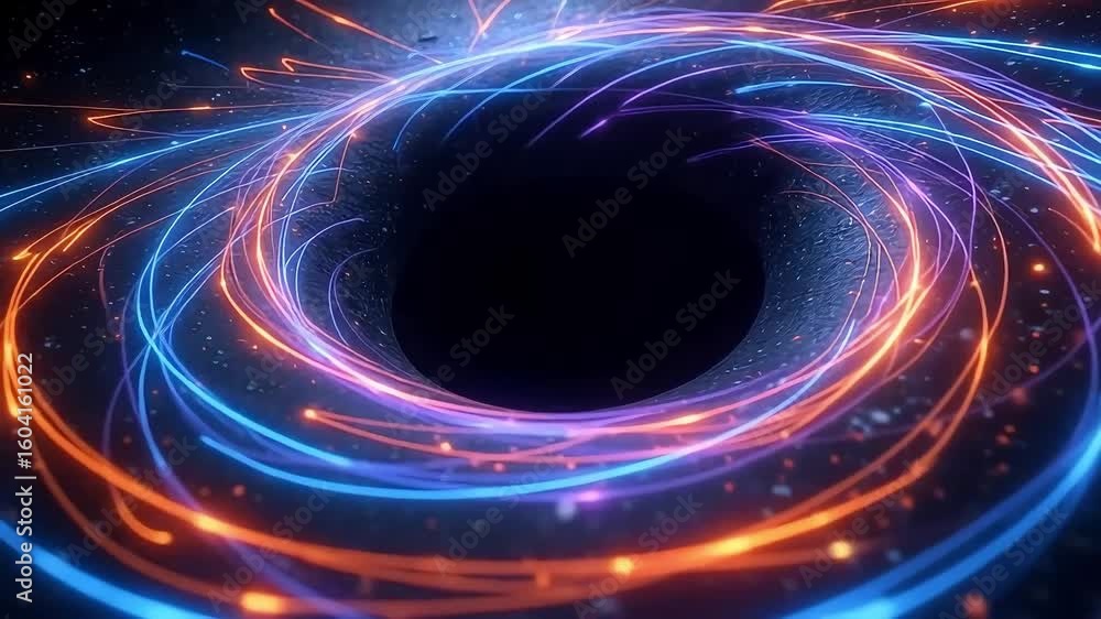 Poster black hole simulation animation with glowing energy streams and cosmic vortex background effect 3d r