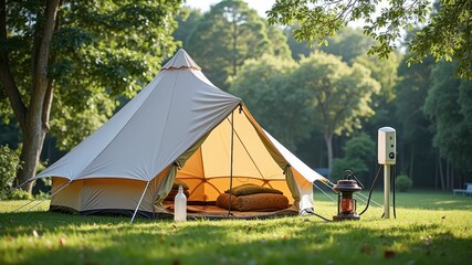 Cozy outdoor glamping tent in scenic forest campground with lantern and cushions
