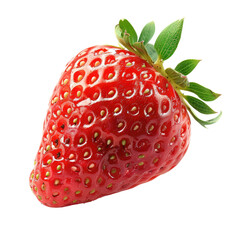 Close-up of a single, juicy red strawberry.  Fresh, ripe berry with green leaves.  Vibrant color