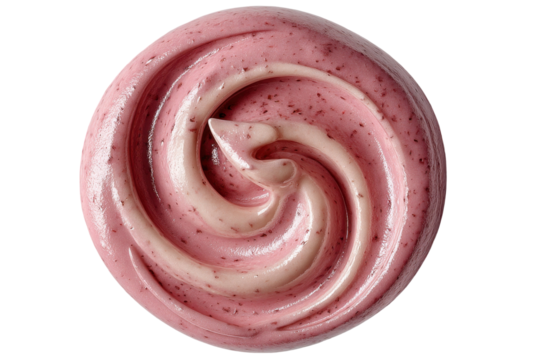 Delicious swirl of pink berry yogurt or cream on a transparent background close up