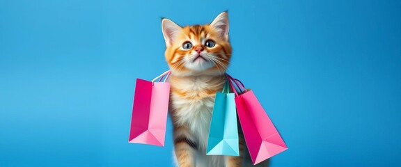 Fototapeta premium A cute cat carrying shopping bags against a blue background, shopping spree, shopping cart