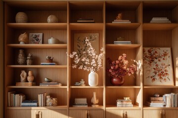 Fototapeta premium Wooden bookcase filled with decorative objects and art