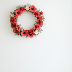 Naklejka premium Vibrant red floral wreath with poppies and roses, embellished with delicate accents, displayed against a crisp white wall
