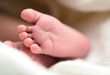 Newborn baby feet resting on a blanket, symbolizing new life, maternity care, and gentle beginnings. Tiny infant heels. Neonatal health, parenting, and postnatal care. Maternity hospital. Pediatrics 