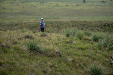 Young hiker exploring vast green meadow with trekking poles