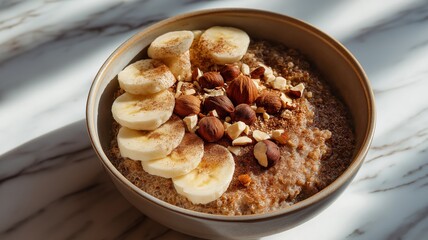 Fototapeta premium A nutritious bowl features quinoa, sliced bananas, and a mix of nuts, beautifully arranged.