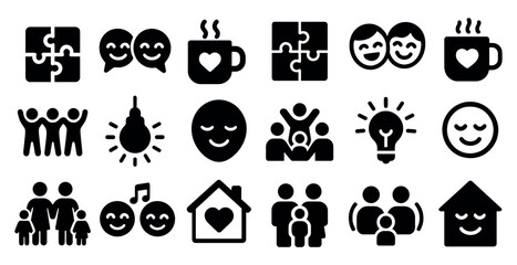 Family silhouette icons set – solid, filled, community and relationship symbols