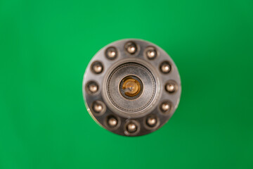 Green laser light chrome metal flashlight front.