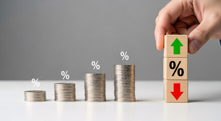 Visualize financial growth and market fluctuations with rising coin stacks and percentage symbols, symbolizing investment success and economic trends.