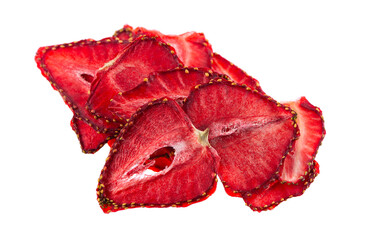 Dried strawberry slices isolated on white background. Dehydrated strawberries chips. Clipping path.
