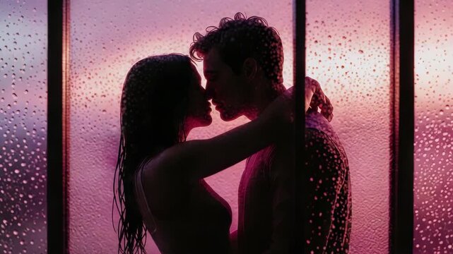 Intimate silhouette of couple embracing and kissing in steamy, romantic shower scene