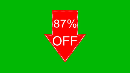 87 percent off discount offer icon illustration. illustration arrow pointing 87 percent off text illustration. green background 4k illustration.	